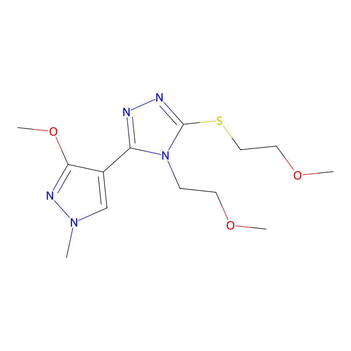 3-(3-methoxy-1-methyl-1H-pyrazol-4-yl)-4-(2-methoxyethyl)-5-((2-methoxyethyl)thio)-4H-1,2,4-triazole molecular structure, CAS 1013774-40-7