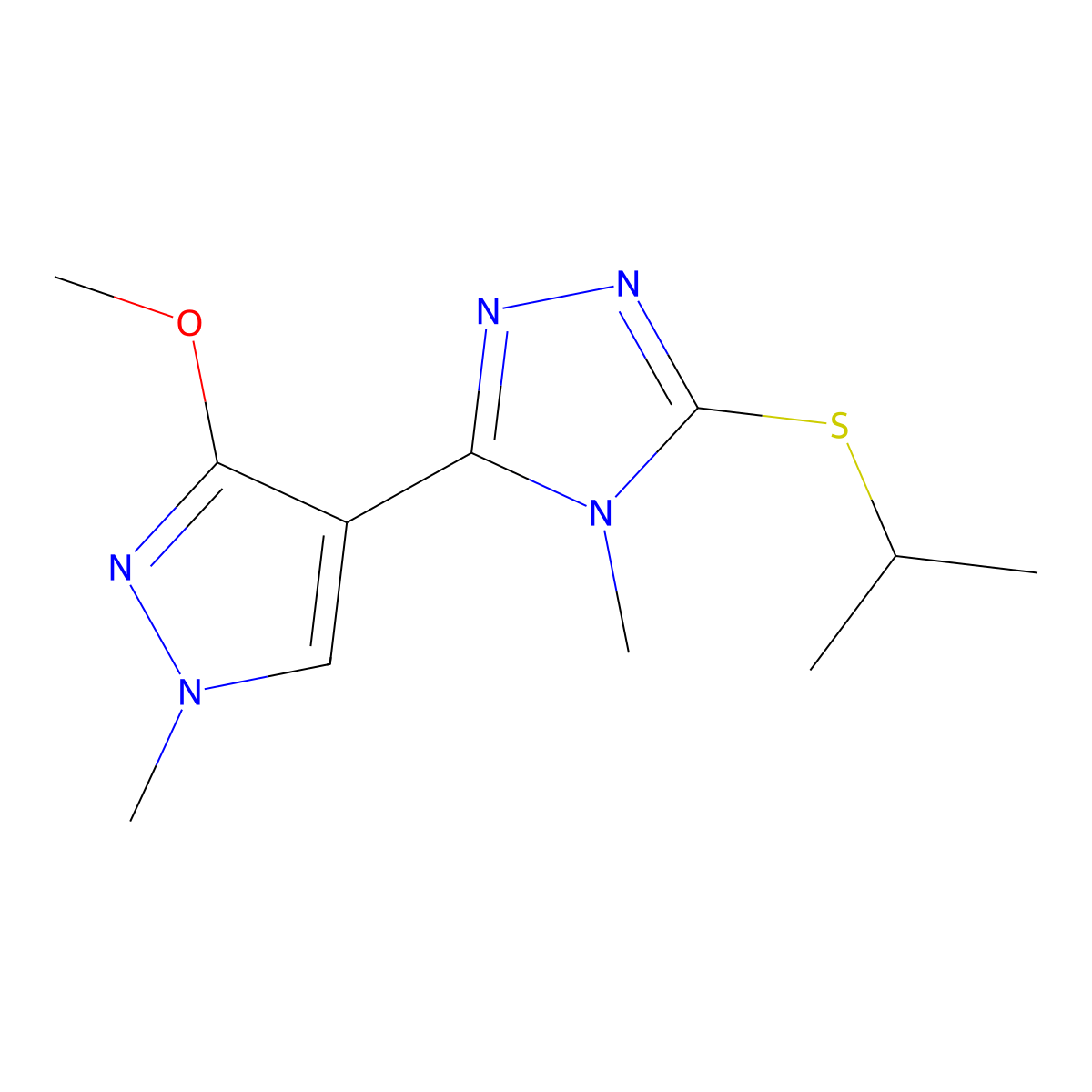 3-(isopropylthio)-5-(3-methoxy-1-methyl-1H-pyrazol-4-yl)-4-methyl-4H-1,2,4-triazole molecular structure, CAS 1013774-45-2