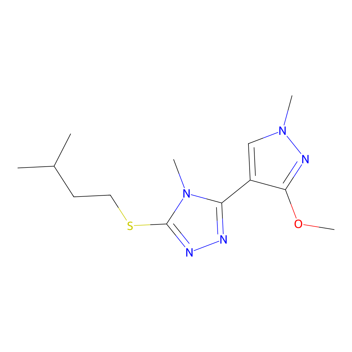 3-(isopentylthio)-5-(3-methoxy-1-methyl-1H-pyrazol-4-yl)-4-methyl-4H-1,2,4-triazole molecular structure, CAS 1013774-53-2