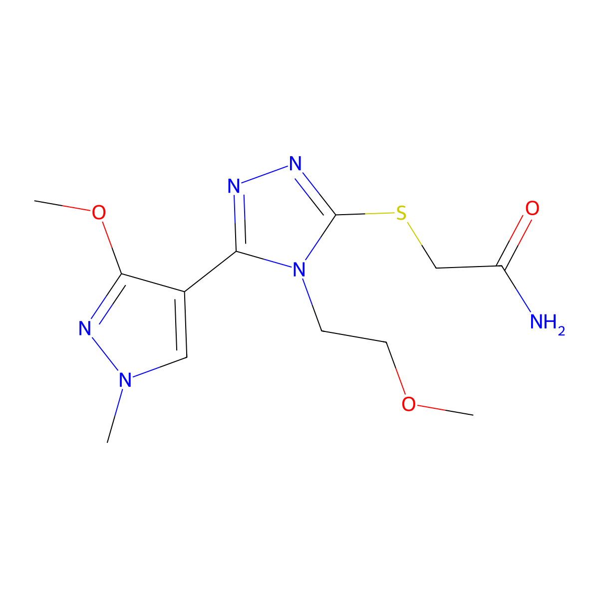 2-((5-(3-methoxy-1-methyl-1H-pyrazol-4-yl)-4-(2-methoxyethyl)-4H-1,2,4-triazol-3-yl)thio)acetamide molecular structure, CAS 1013774-73-6