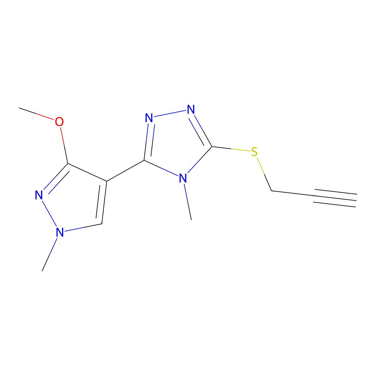 3-(3-methoxy-1-methyl-1H-pyrazol-4-yl)-4-methyl-5-(prop-2-yn-1-ylthio)-4H-1,2,4-triazole molecular structure, CAS 1013774-75-8