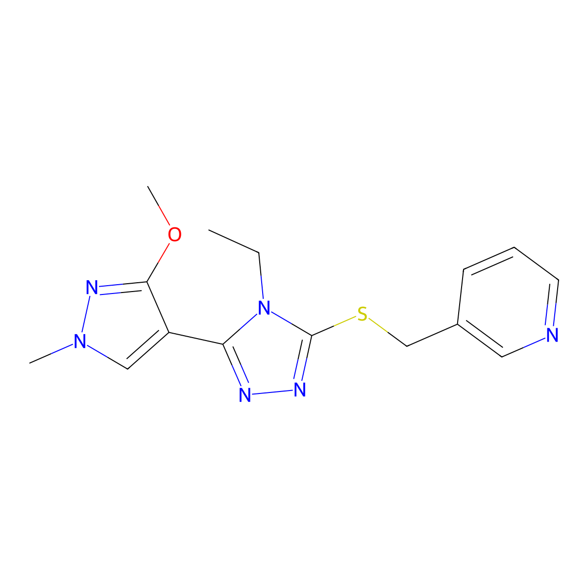 3-(((4-ethyl-5-(3-methoxy-1-methyl-1H-pyrazol-4-yl)-4H-1,2,4-triazol-3-yl)thio)methyl)pyridine molecular structure, CAS 1013774-77-0