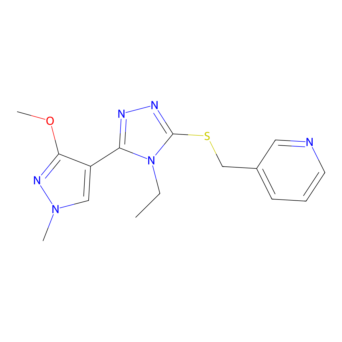 3-(((4-ethyl-5-(3-methoxy-1-methyl-1H-pyrazol-4-yl)-4H-1,2,4-triazol-3-yl)thio)methyl)pyridine molecular structure, CAS 1013774-77-0