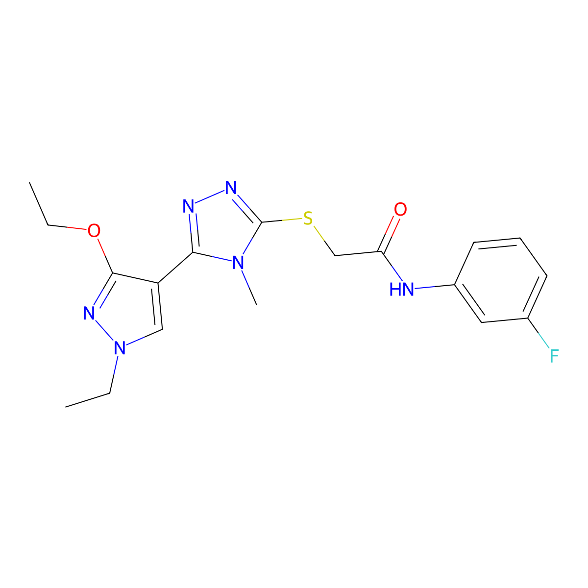 2-((5-(3-ethoxy-1-ethyl-1H-pyrazol-4-yl)-4-methyl-4H-1,2,4-triazol-3-yl)thio)-N-(3-fluorophenyl)acetamide molecular structure, CAS 1013774-83-8