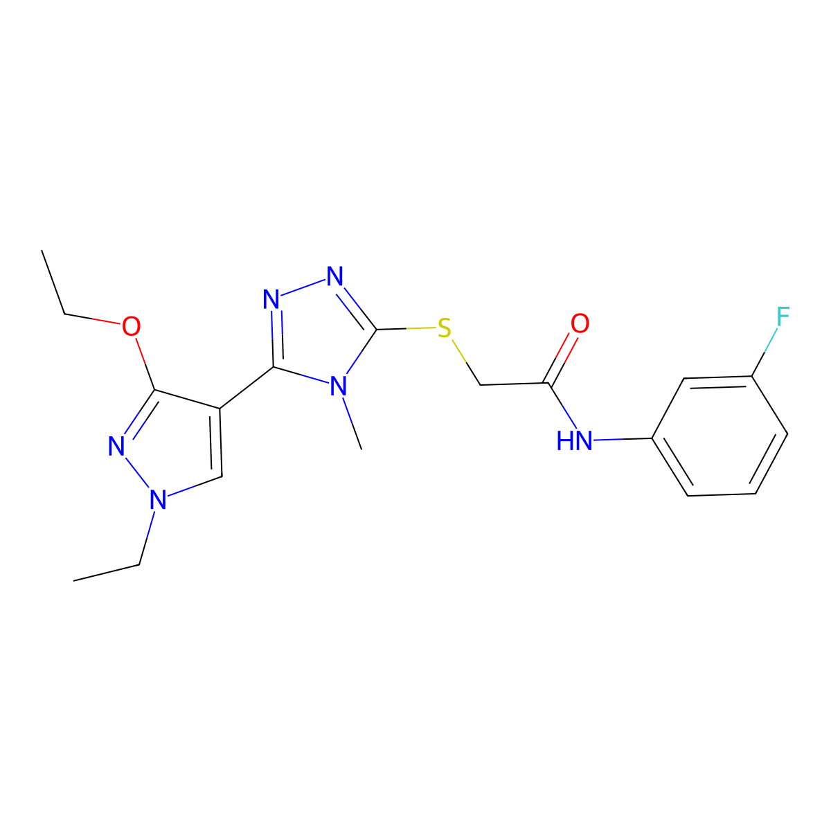 2-((5-(3-ethoxy-1-ethyl-1H-pyrazol-4-yl)-4-methyl-4H-1,2,4-triazol-3-yl)thio)-N-(3-fluorophenyl)acetamide molecular structure, CAS 1013774-83-8