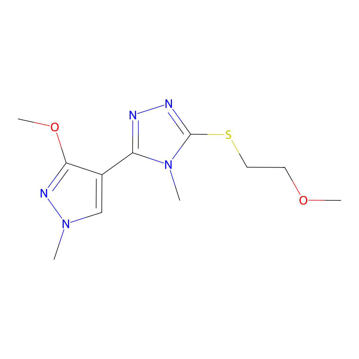 3-(3-methoxy-1-methyl-1H-pyrazol-4-yl)-5-((2-methoxyethyl)thio)-4-methyl-4H-1,2,4-triazole molecular structure, CAS 1013774-84-9