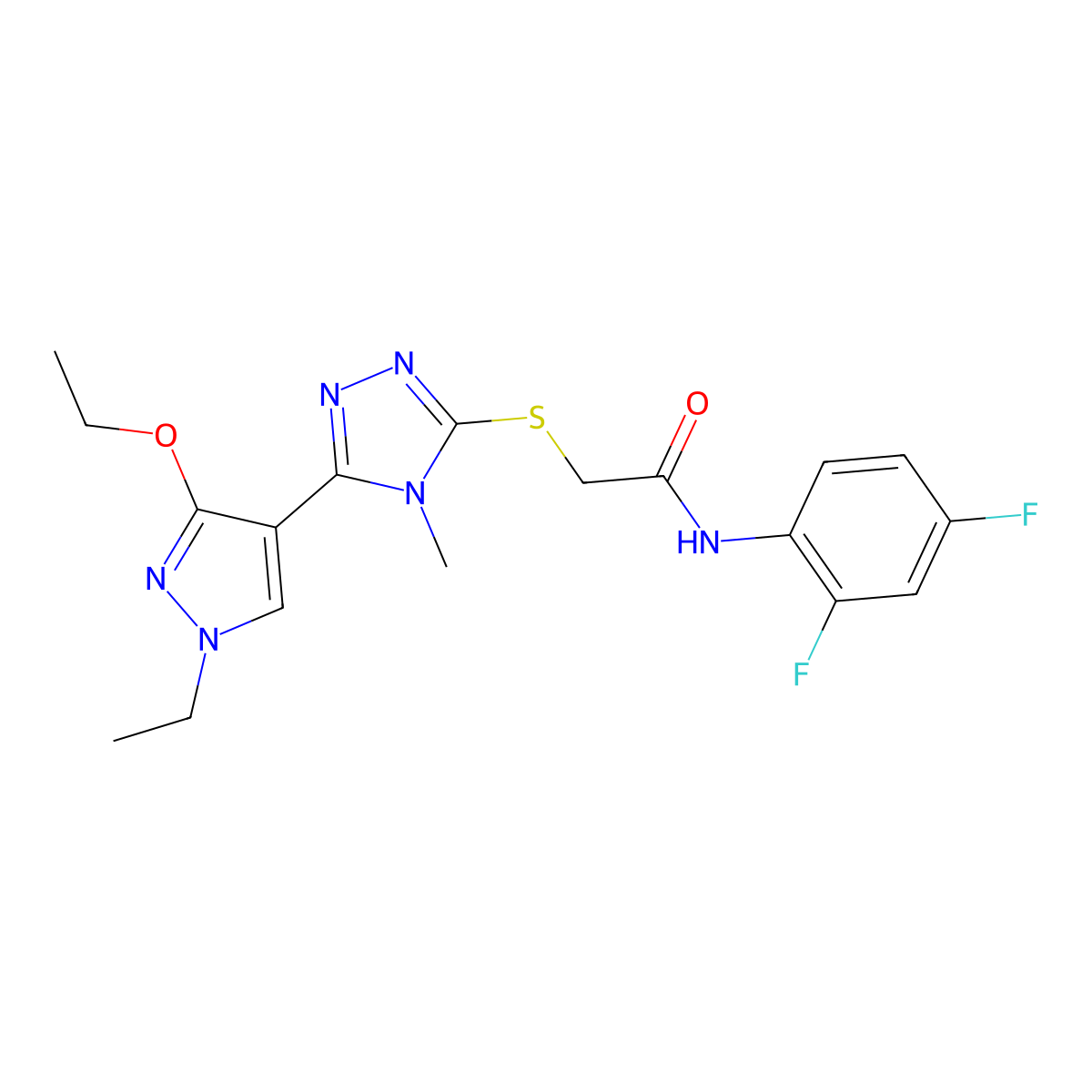 N-(2,4-difluorophenyl)-2-((5-(3-ethoxy-1-ethyl-1H-pyrazol-4-yl)-4-methyl-4H-1,2,4-triazol-3-yl)thio)acetamide molecular structure, CAS 1013774-99-6