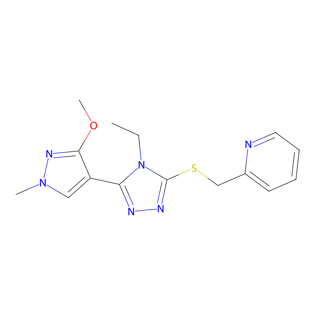 2-(((4-ethyl-5-(3-methoxy-1-methyl-1H-pyrazol-4-yl)-4H-1,2,4-triazol-3-yl)thio)methyl)pyridine molecular structure, CAS 1013775-04-6