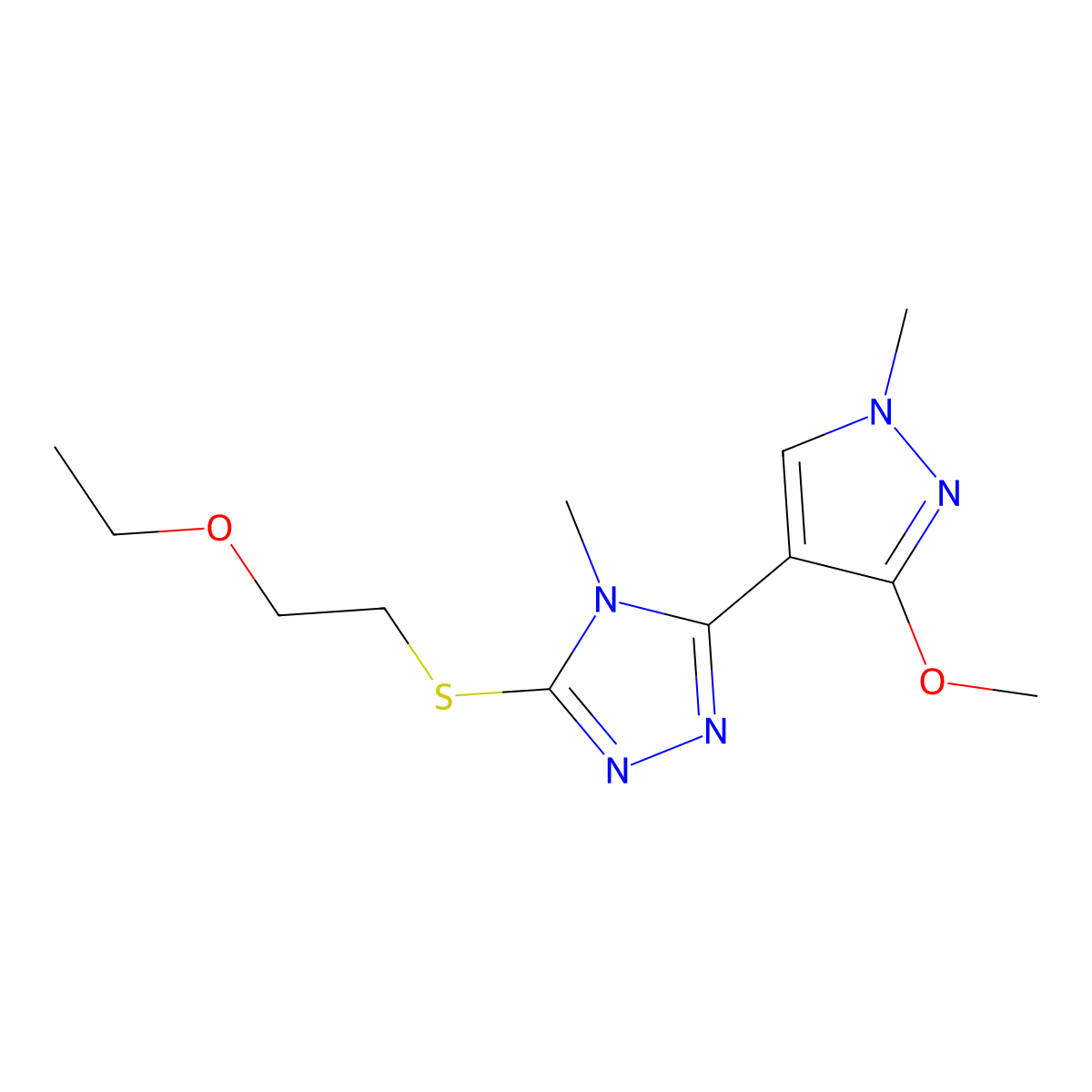 3-((2-ethoxyethyl)thio)-5-(3-methoxy-1-methyl-1H-pyrazol-4-yl)-4-methyl-4H-1,2,4-triazole molecular structure, CAS 1013775-08-0