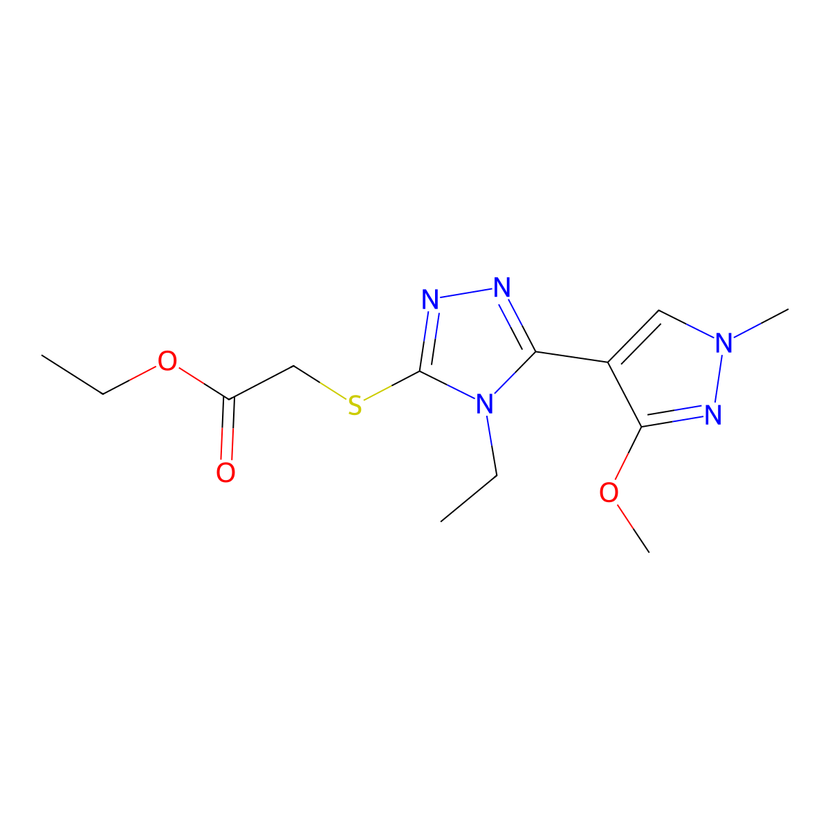 ethyl 2-((4-ethyl-5-(3-methoxy-1-methyl-1H-pyrazol-4-yl)-4H-1,2,4-triazol-3-yl)thio)acetate molecular structure, CAS 1013775-28-4