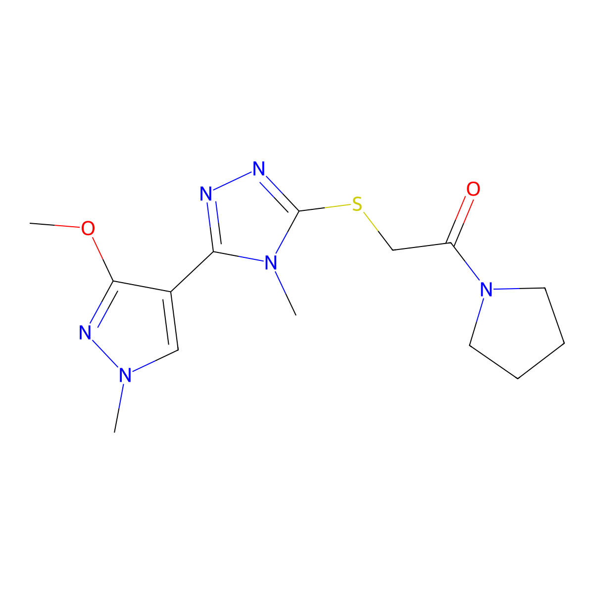 2-((5-(3-methoxy-1-methyl-1H-pyrazol-4-yl)-4-methyl-4H-1,2,4-triazol-3-yl)thio)-1-(pyrrolidin-1-yl)ethanone molecular structure, CAS 1013775-41-1