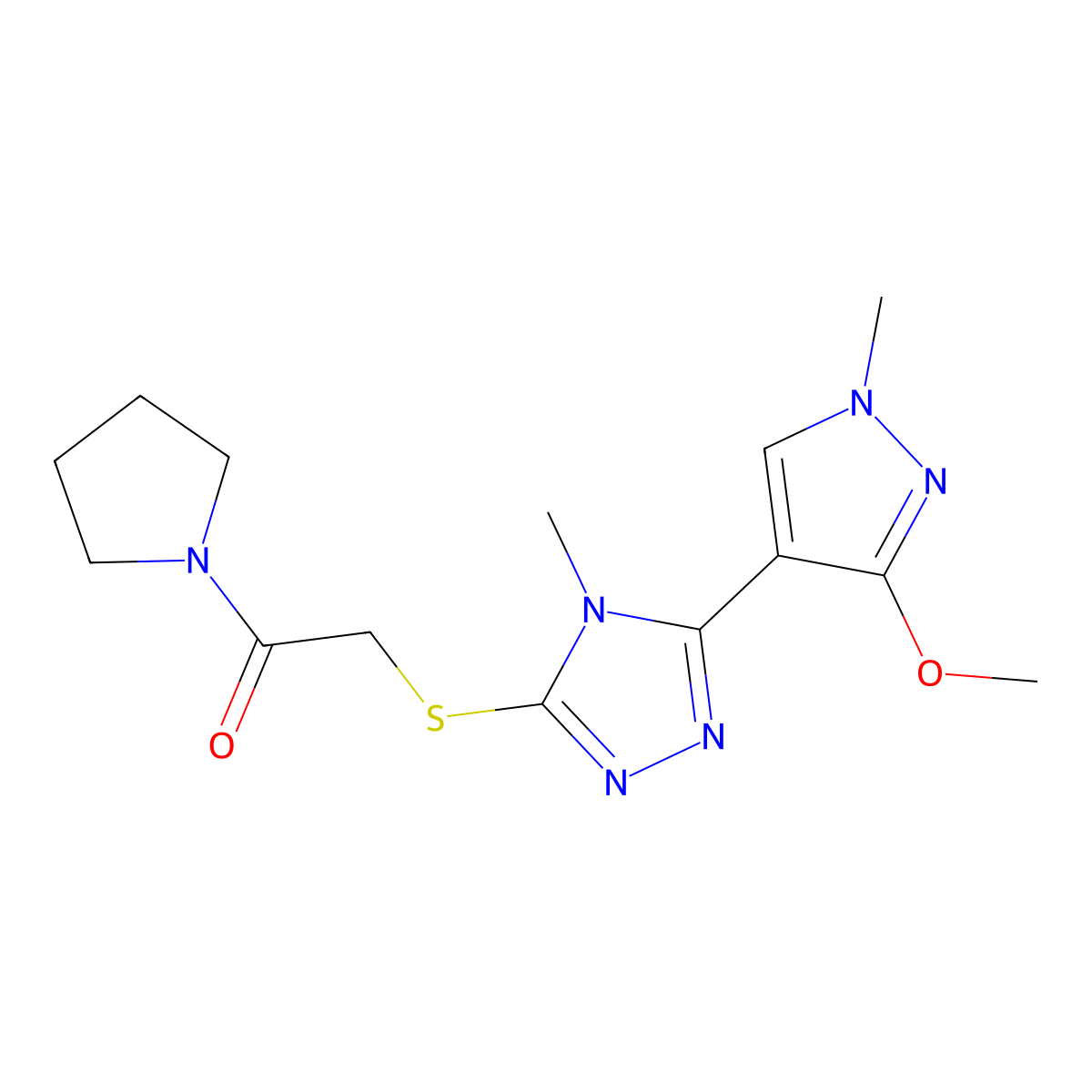 2-((5-(3-methoxy-1-methyl-1H-pyrazol-4-yl)-4-methyl-4H-1,2,4-triazol-3-yl)thio)-1-(pyrrolidin-1-yl)ethanone molecular structure, CAS 1013775-41-1