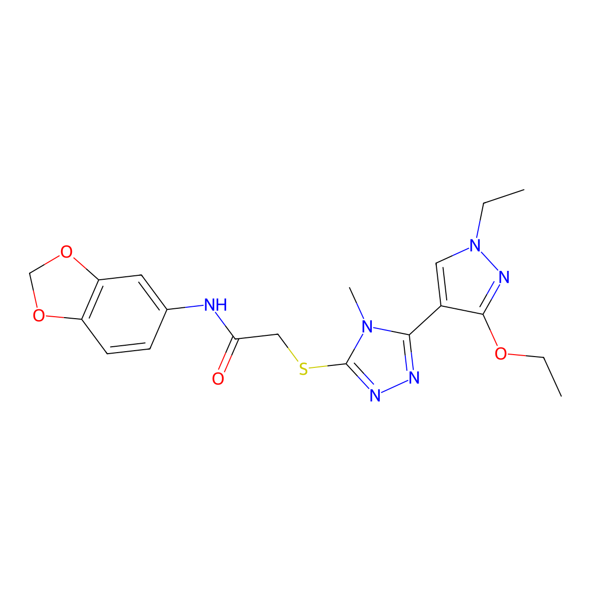 N-(2H-1,3-benzodioxol-5-yl)-2-{[5-(3-ethoxy-1-ethyl-1H-pyrazol-4-yl)-4-methyl-4H-1,2,4-triazol-3-yl]sulfanyl}acetamide molecular structure, CAS 1013775-64-8