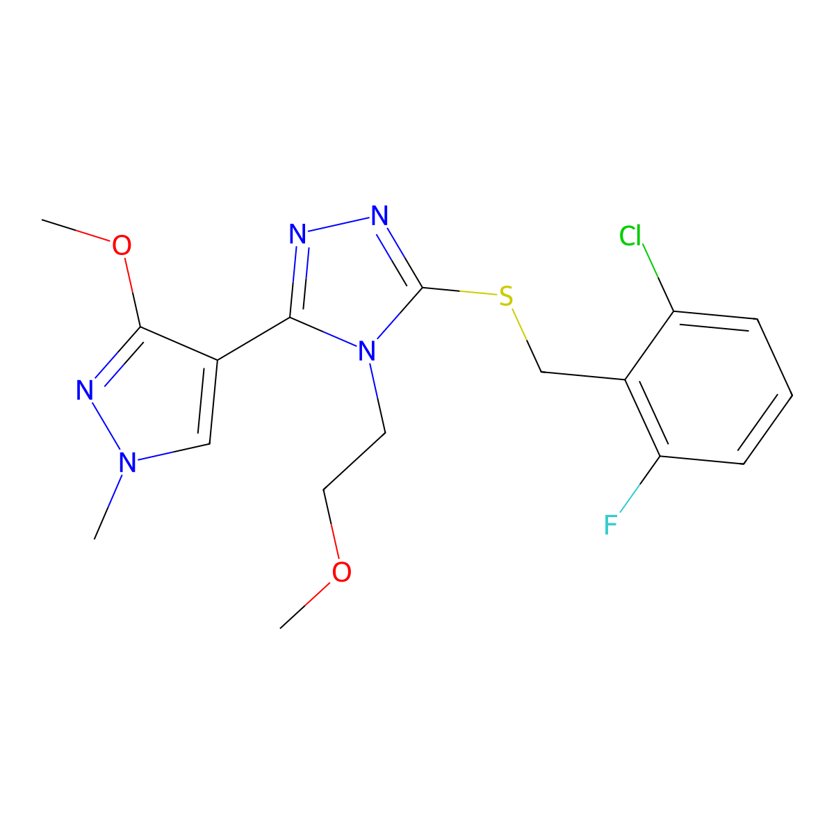 3-((2-chloro-6-fluorobenzyl)thio)-5-(3-methoxy-1-methyl-1H-pyrazol-4-yl)-4-(2-methoxyethyl)-4H-1,2,4-triazole molecular structure, CAS 1013775-65-9