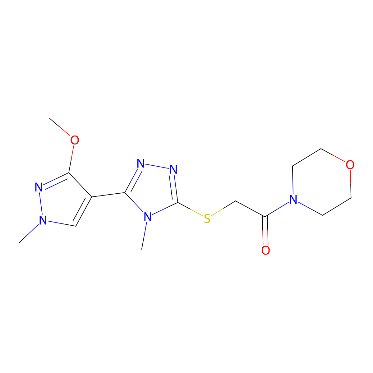 2-((5-(3-methoxy-1-methyl-1H-pyrazol-4-yl)-4-methyl-4H-1,2,4-triazol-3-yl)thio)-1-morpholinoethanone molecular structure, CAS 1013775-70-6