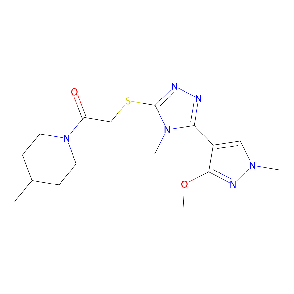 2-((5-(3-methoxy-1-methyl-1H-pyrazol-4-yl)-4-methyl-4H-1,2,4-triazol-3-yl)thio)-1-(4-methylpiperidin-1-yl)ethanone molecular structure, CAS 1013775-79-5