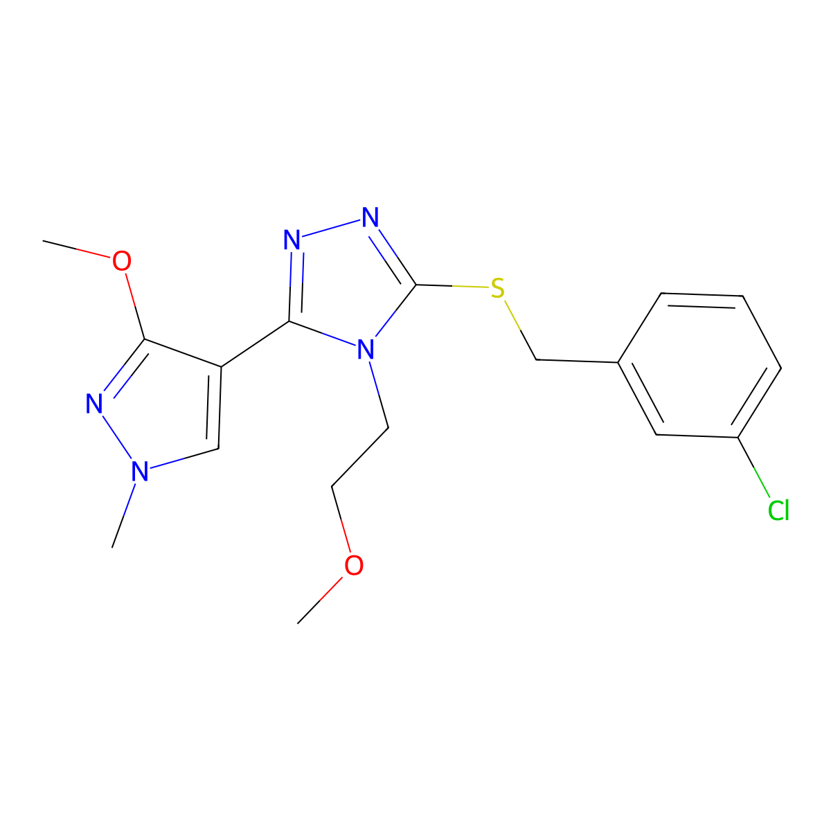 3-{[(3-chlorophenyl)methyl]sulfanyl}-5-(3-methoxy-1-methyl-1H-pyrazol-4-yl)-4-(2-methoxyethyl)-4H-1,2,4-triazole molecular structure, CAS 1013775-91-1
