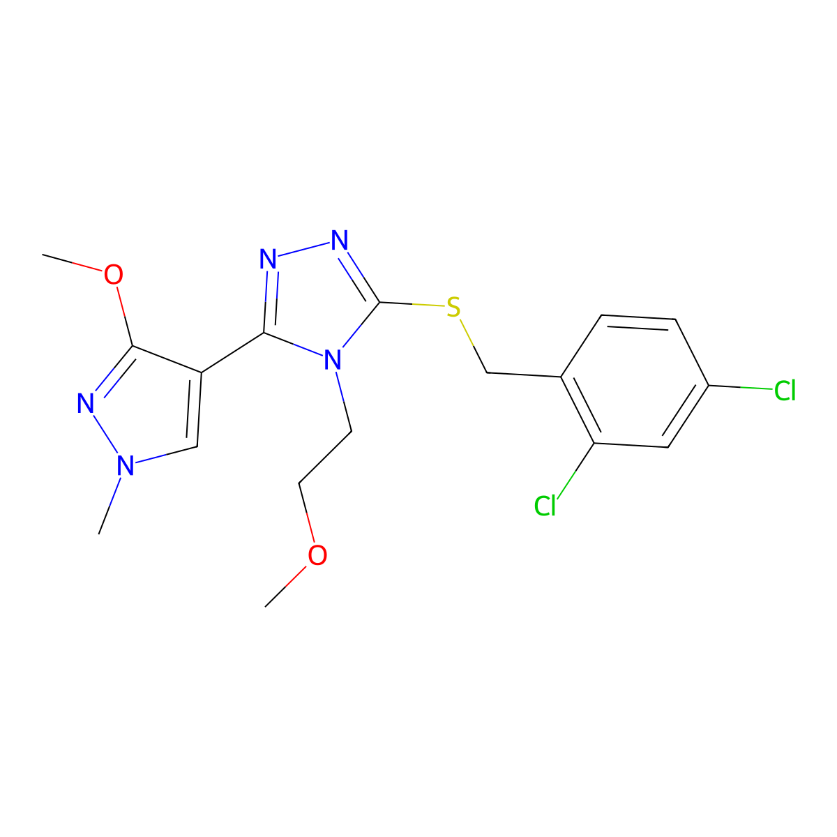 3-{[(2,4-dichlorophenyl)methyl]sulfanyl}-5-(3-methoxy-1-methyl-1H-pyrazol-4-yl)-4-(2-methoxyethyl)-4H-1,2,4-triazole molecular structure, CAS 1013775-98-8