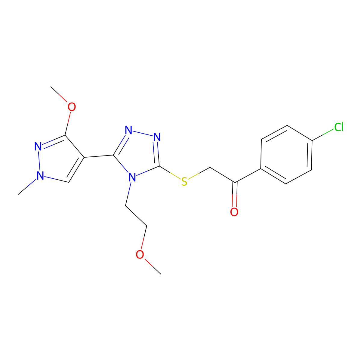 1-(4-chlorophenyl)-2-((5-(3-methoxy-1-methyl-1H-pyrazol-4-yl)-4-(2-methoxyethyl)-4H-1,2,4-triazol-3-yl)thio)ethanone molecular structure, CAS 1013776-10-7