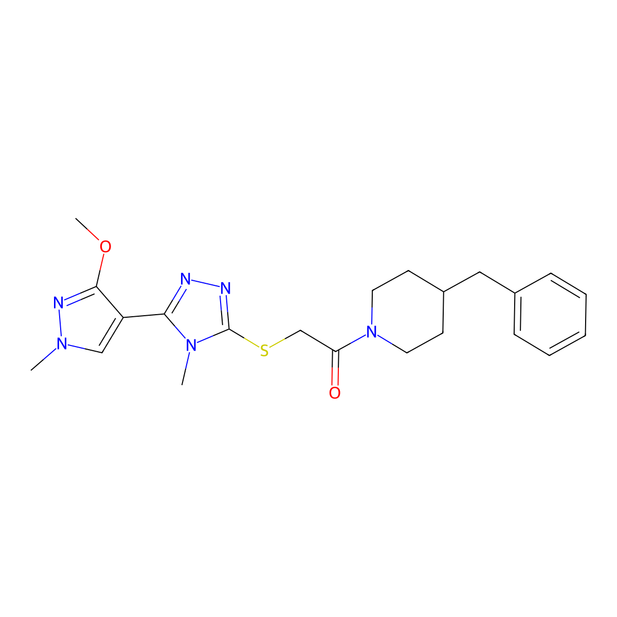1-(4-benzylpiperidin-1-yl)-2-((5-(3-methoxy-1-methyl-1H-pyrazol-4-yl)-4-methyl-4H-1,2,4-triazol-3-yl)thio)ethanone molecular structure, CAS 1013776-23-2