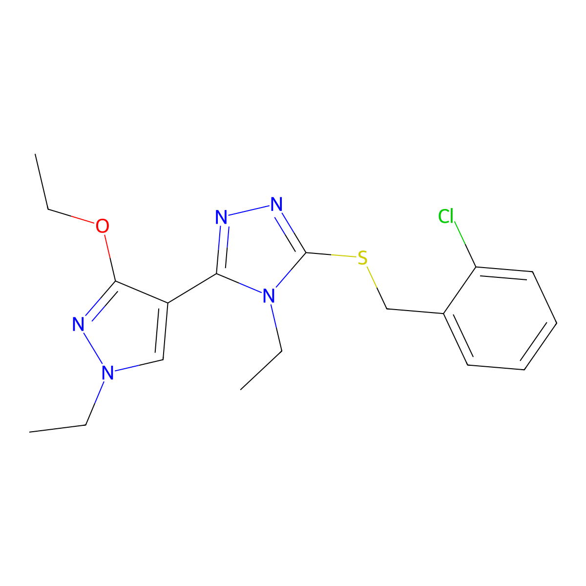3-((2-chlorobenzyl)thio)-5-(3-ethoxy-1-ethyl-1H-pyrazol-4-yl)-4-ethyl-4H-1,2,4-triazole molecular structure, CAS 1013776-27-6