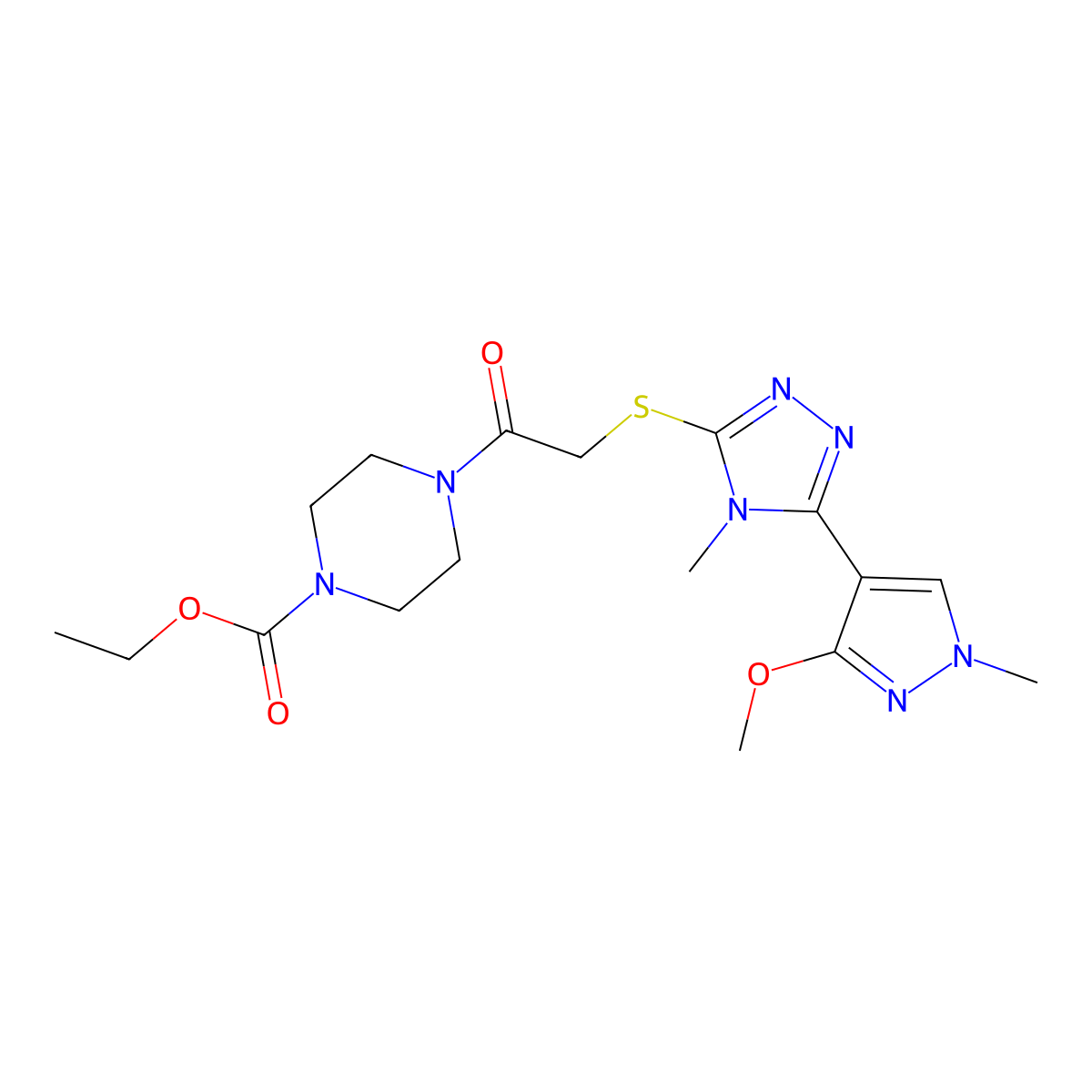ethyl 4-(2-((5-(3-methoxy-1-methyl-1H-pyrazol-4-yl)-4-methyl-4H-1,2,4-triazol-3-yl)thio)acetyl)piperazine-1-carboxylate molecular structure, CAS 1013776-44-7