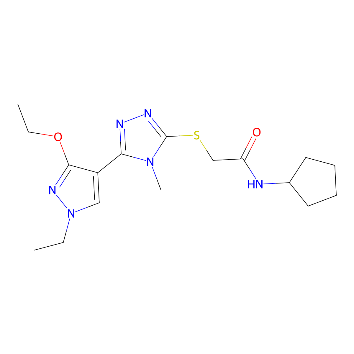 N-cyclopentyl-2-((5-(3-ethoxy-1-ethyl-1H-pyrazol-4-yl)-4-methyl-4H-1,2,4-triazol-3-yl)thio)acetamide molecular structure, CAS 1013776-53-8