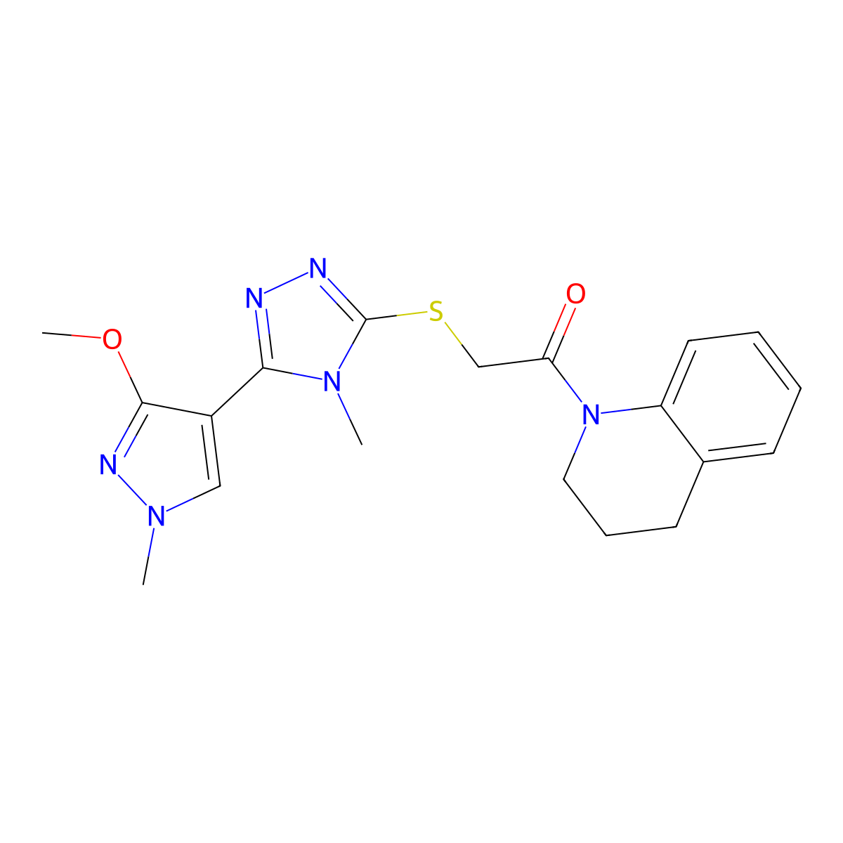1-(3,4-dihydroquinolin-1(2H)-yl)-2-((5-(3-methoxy-1-methyl-1H-pyrazol-4-yl)-4-methyl-4H-1,2,4-triazol-3-yl)thio)ethanone molecular structure, CAS 1013776-54-9