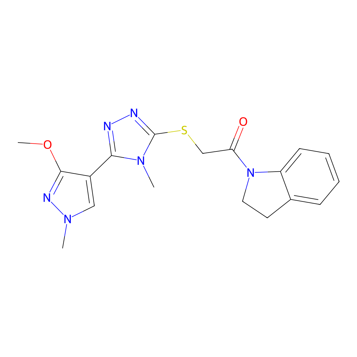 1-(indolin-1-yl)-2-((5-(3-methoxy-1-methyl-1H-pyrazol-4-yl)-4-methyl-4H-1,2,4-triazol-3-yl)thio)ethanone molecular structure, CAS 1013776-59-4