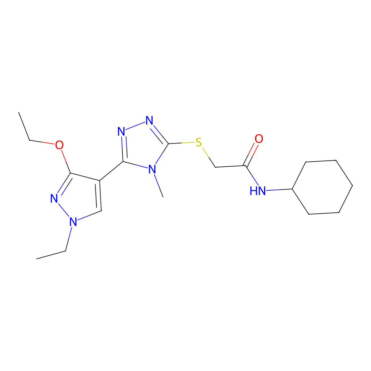 N-cyclohexyl-2-((5-(3-ethoxy-1-ethyl-1H-pyrazol-4-yl)-4-methyl-4H-1,2,4-triazol-3-yl)thio)acetamide molecular structure, CAS 1013776-60-7