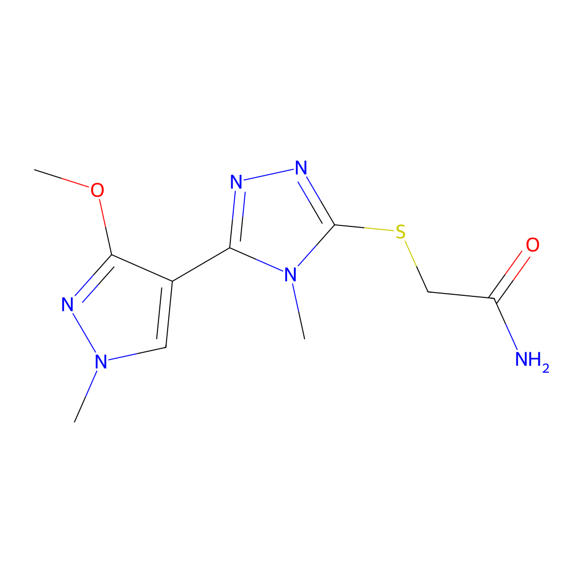 2-((5-(3-methoxy-1-methyl-1H-pyrazol-4-yl)-4-methyl-4H-1,2,4-triazol-3-yl)thio)acetamide molecular structure, CAS 1013776-66-3