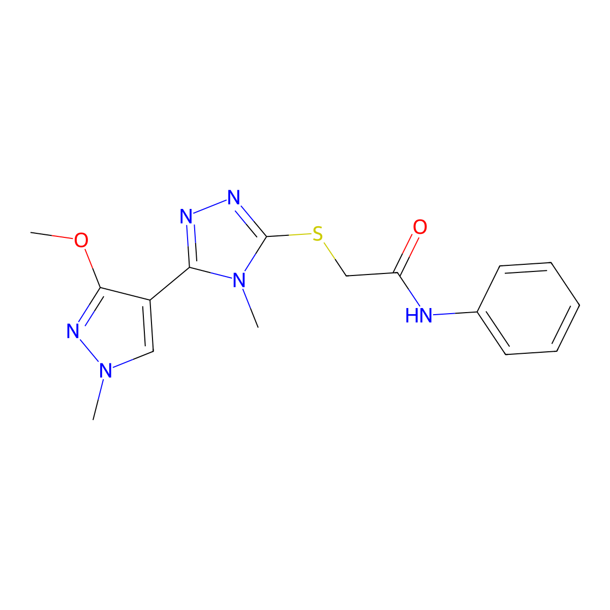 2-((5-(3-methoxy-1-methyl-1H-pyrazol-4-yl)-4-methyl-4H-1,2,4-triazol-3-yl)thio)-N-phenylacetamide molecular structure, CAS 1013776-73-2