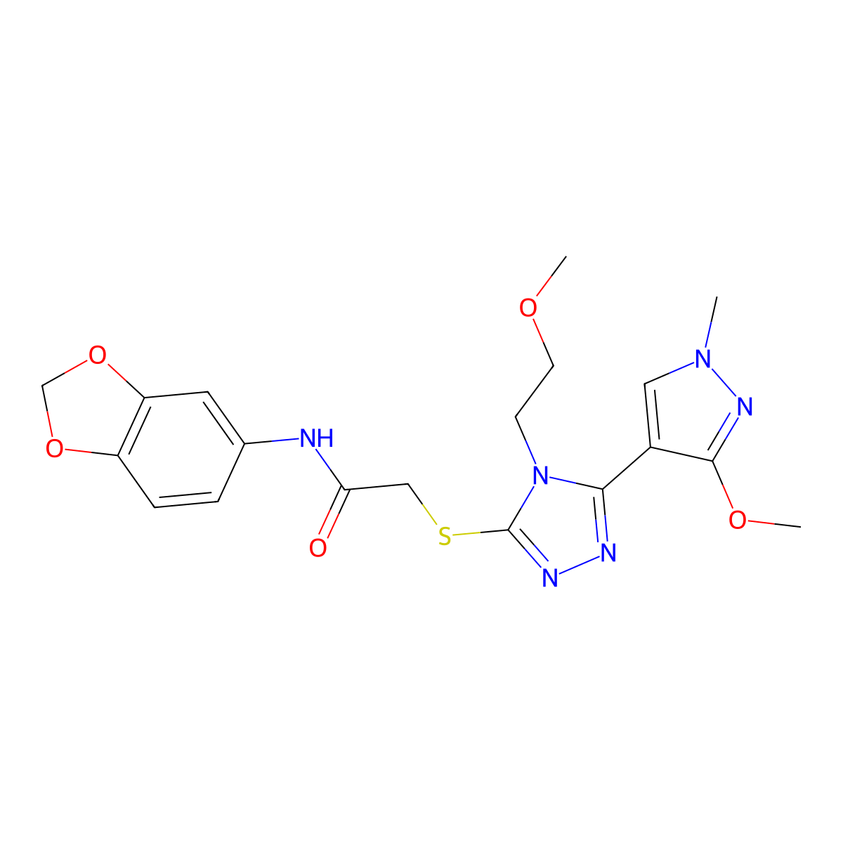 N-(2H-1,3-benzodioxol-5-yl)-2-{[5-(3-methoxy-1-methyl-1H-pyrazol-4-yl)-4-(2-methoxyethyl)-4H-1,2,4-triazol-3-yl]sulfanyl}acetamide molecular structure, CAS 1013776-76-5
