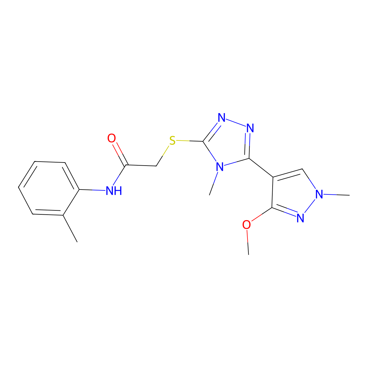 2-((5-(3-methoxy-1-methyl-1H-pyrazol-4-yl)-4-methyl-4H-1,2,4-triazol-3-yl)thio)-N-(o-tolyl)acetamide molecular structure, CAS 1013776-87-8