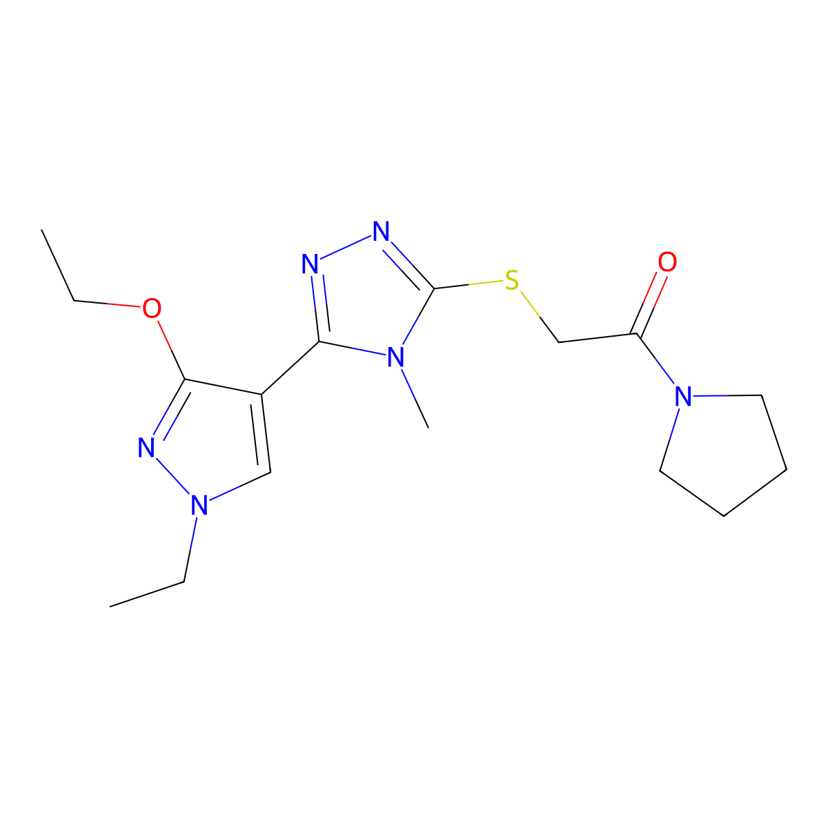 2-((5-(3-ethoxy-1-ethyl-1H-pyrazol-4-yl)-4-methyl-4H-1,2,4-triazol-3-yl)thio)-1-(pyrrolidin-1-yl)ethanone molecular structure, CAS 1013776-94-7