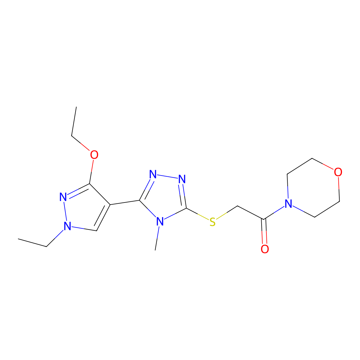 2-((5-(3-ethoxy-1-ethyl-1H-pyrazol-4-yl)-4-methyl-4H-1,2,4-triazol-3-yl)thio)-1-morpholinoethanone molecular structure, CAS 1013777-08-6
