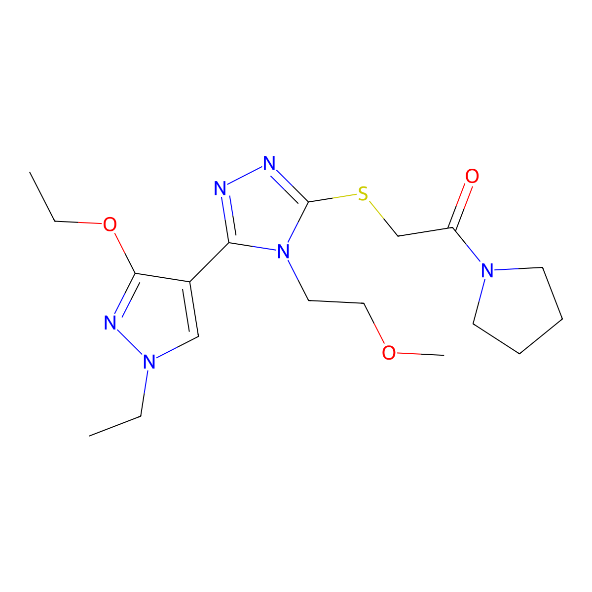 2-((5-(3-ethoxy-1-ethyl-1H-pyrazol-4-yl)-4-(2-methoxyethyl)-4H-1,2,4-triazol-3-yl)thio)-1-(pyrrolidin-1-yl)ethanone molecular structure, CAS 1013777-17-7