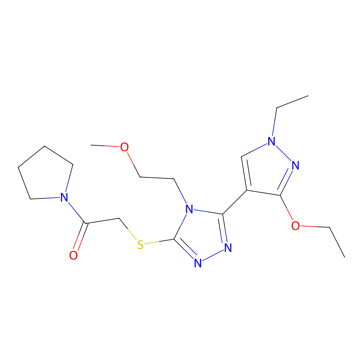 2-((5-(3-ethoxy-1-ethyl-1H-pyrazol-4-yl)-4-(2-methoxyethyl)-4H-1,2,4-triazol-3-yl)thio)-1-(pyrrolidin-1-yl)ethanone molecular structure, CAS 1013777-17-7