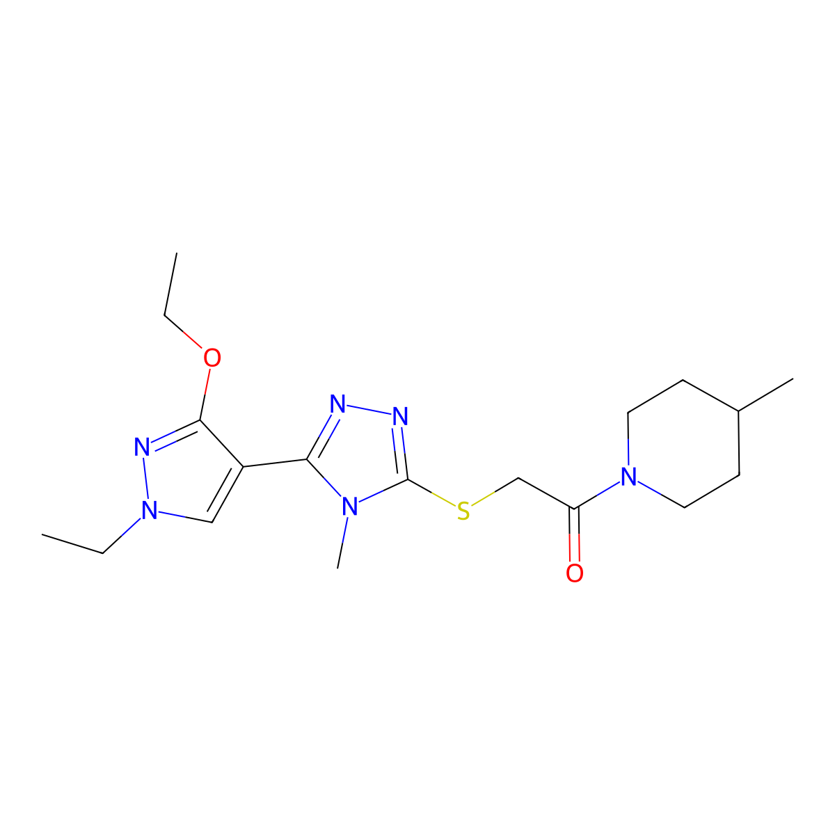 2-((5-(3-ethoxy-1-ethyl-1H-pyrazol-4-yl)-4-methyl-4H-1,2,4-triazol-3-yl)thio)-1-(4-methylpiperidin-1-yl)ethanone molecular structure, CAS 1013777-19-9