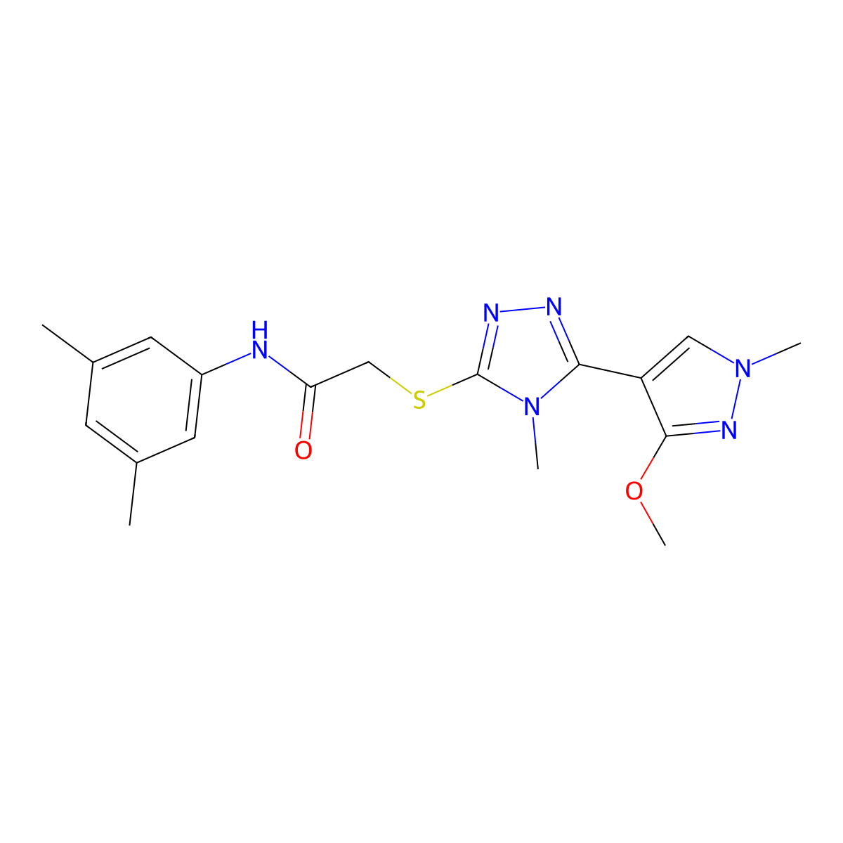N-(3,5-dimethylphenyl)-2-((5-(3-methoxy-1-methyl-1H-pyrazol-4-yl)-4-methyl-4H-1,2,4-triazol-3-yl)thio)acetamide molecular structure, CAS 1013777-20-2