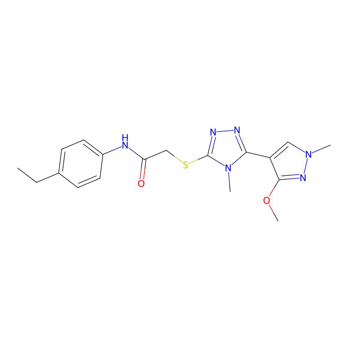 N-(4-ethylphenyl)-2-((5-(3-methoxy-1-methyl-1H-pyrazol-4-yl)-4-methyl-4H-1,2,4-triazol-3-yl)thio)acetamide molecular structure, CAS 1013777-32-6