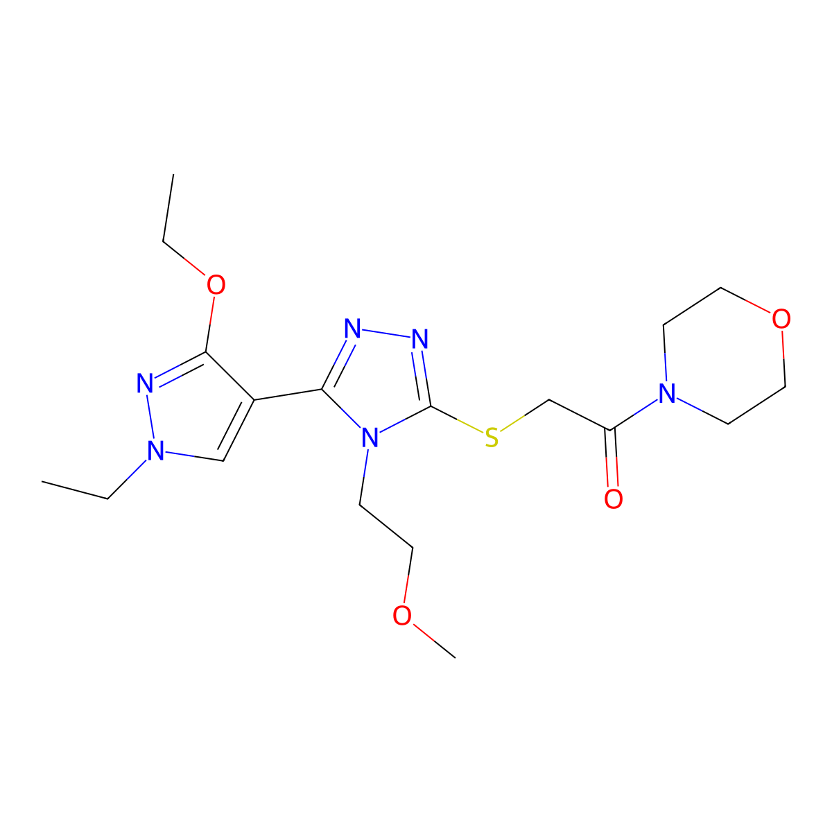 2-((5-(3-ethoxy-1-ethyl-1H-pyrazol-4-yl)-4-(2-methoxyethyl)-4H-1,2,4-triazol-3-yl)thio)-1-morpholinoethanone molecular structure, CAS 1013777-39-3