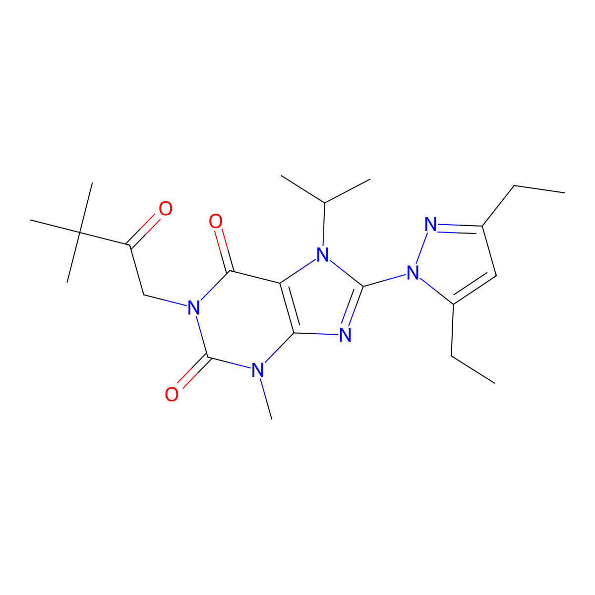 8-(3,5-Diethylpyrazolyl)-1-(3,3-dimethyl-2-oxobutyl)-3-methyl-7-(methylethyl)-1,3,7-trihydropurine-2,6-dione molecular structure, CAS 1013777-84-8