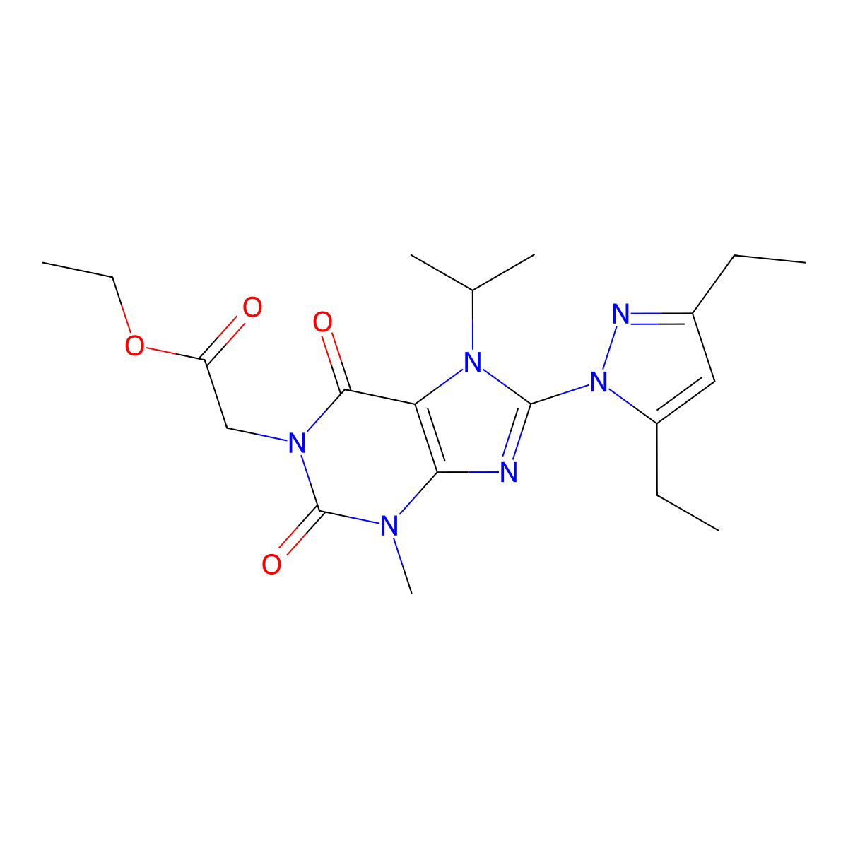 ethyl 2-(8-(3,5-diethyl-1H-pyrazol-1-yl)-7-isopropyl-3-methyl-2,6-dioxo-2,3,6,7-tetrahydro-1H-purin-1-yl)acetate molecular structure, CAS 1013777-86-0
