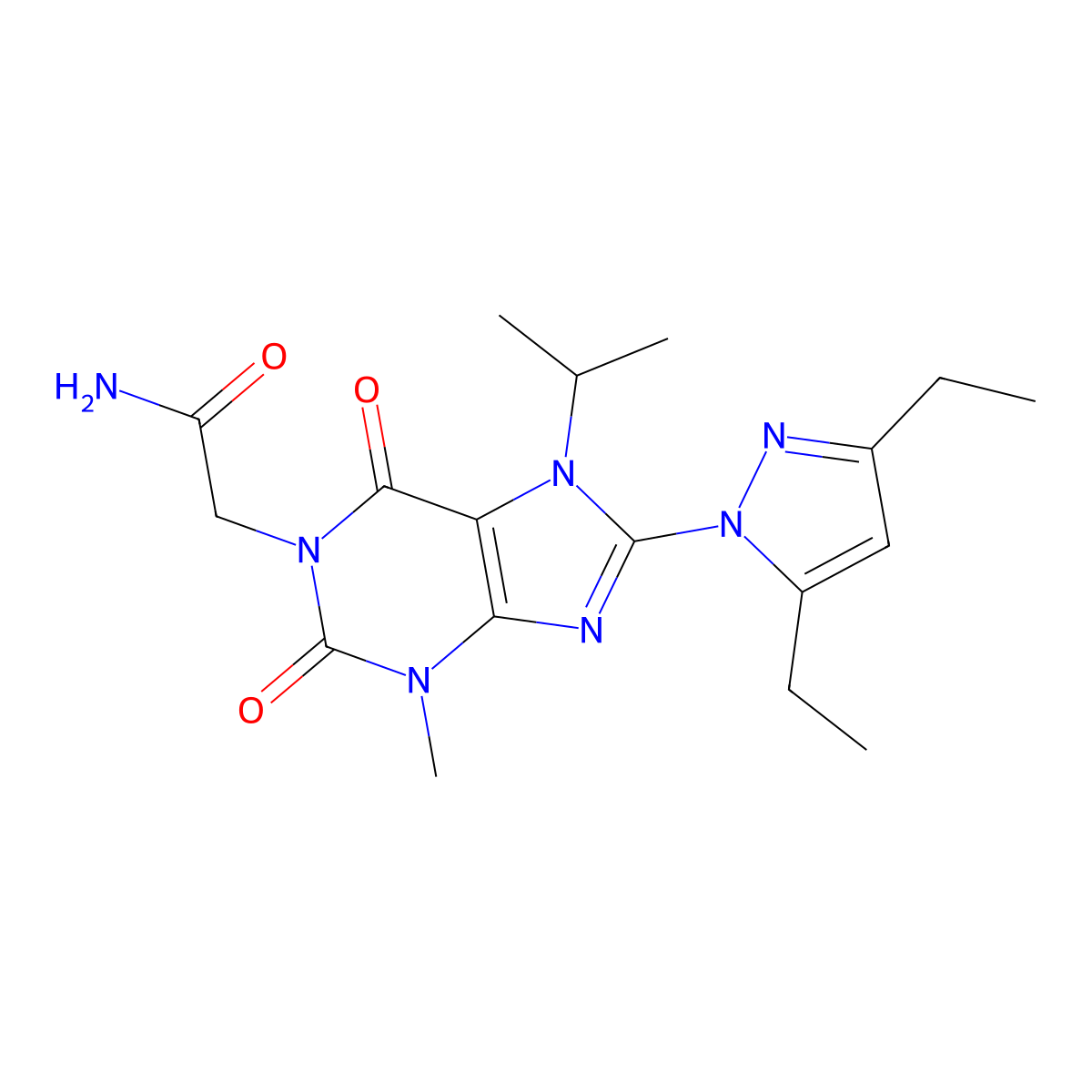 2-[8-(3,5-diethyl-1H-pyrazol-1-yl)-3-methyl-2,6-dioxo-7-(propan-2-yl)-2,3,6,7-tetrahydro-1H-purin-1-yl]acetamide molecular structure, CAS 1013777-88-2