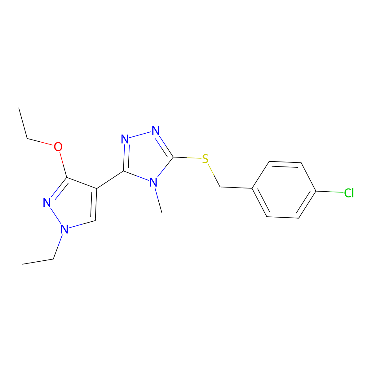 3-((4-chlorobenzyl)thio)-5-(3-ethoxy-1-ethyl-1H-pyrazol-4-yl)-4-methyl-4H-1,2,4-triazole molecular structure, CAS 1013778-06-7