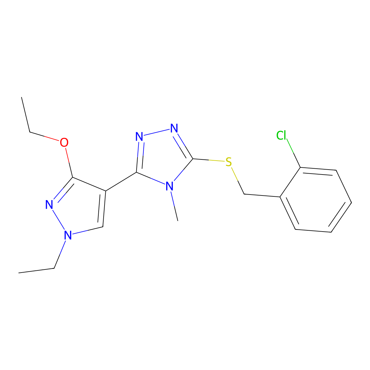 3-((2-chlorobenzyl)thio)-5-(3-ethoxy-1-ethyl-1H-pyrazol-4-yl)-4-methyl-4H-1,2,4-triazole molecular structure, CAS 1013778-08-9