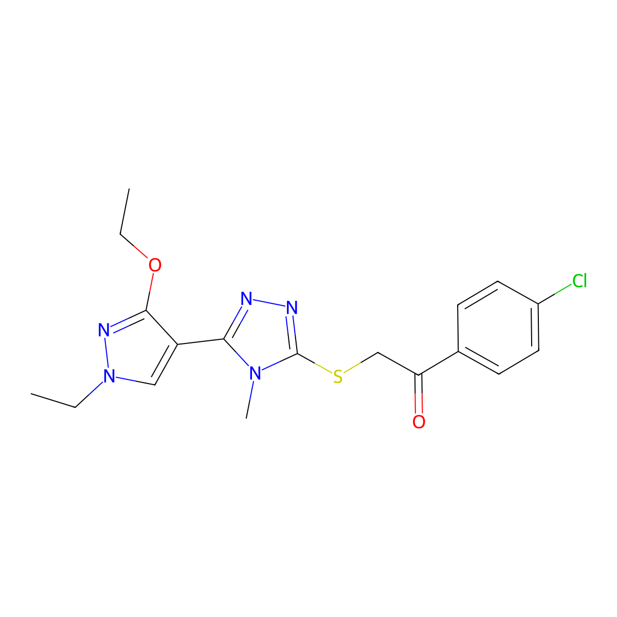 1-(4-chlorophenyl)-2-((5-(3-ethoxy-1-ethyl-1H-pyrazol-4-yl)-4-methyl-4H-1,2,4-triazol-3-yl)thio)ethanone molecular structure, CAS 1013778-12-5