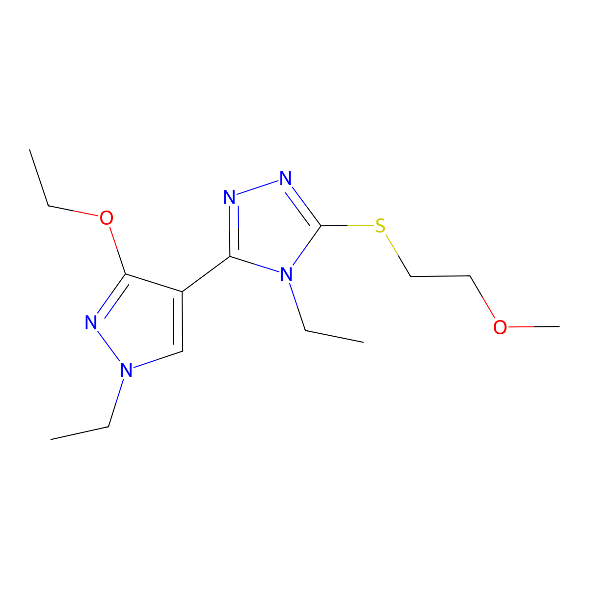 3-(3-ethoxy-1-ethyl-1H-pyrazol-4-yl)-4-ethyl-5-((2-methoxyethyl)thio)-4H-1,2,4-triazole molecular structure, CAS 1013778-22-7