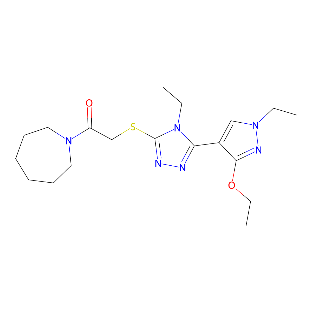 1-(azepan-1-yl)-2-((5-(3-ethoxy-1-ethyl-1H-pyrazol-4-yl)-4-ethyl-4H-1,2,4-triazol-3-yl)thio)ethanone molecular structure, CAS 1013778-26-1